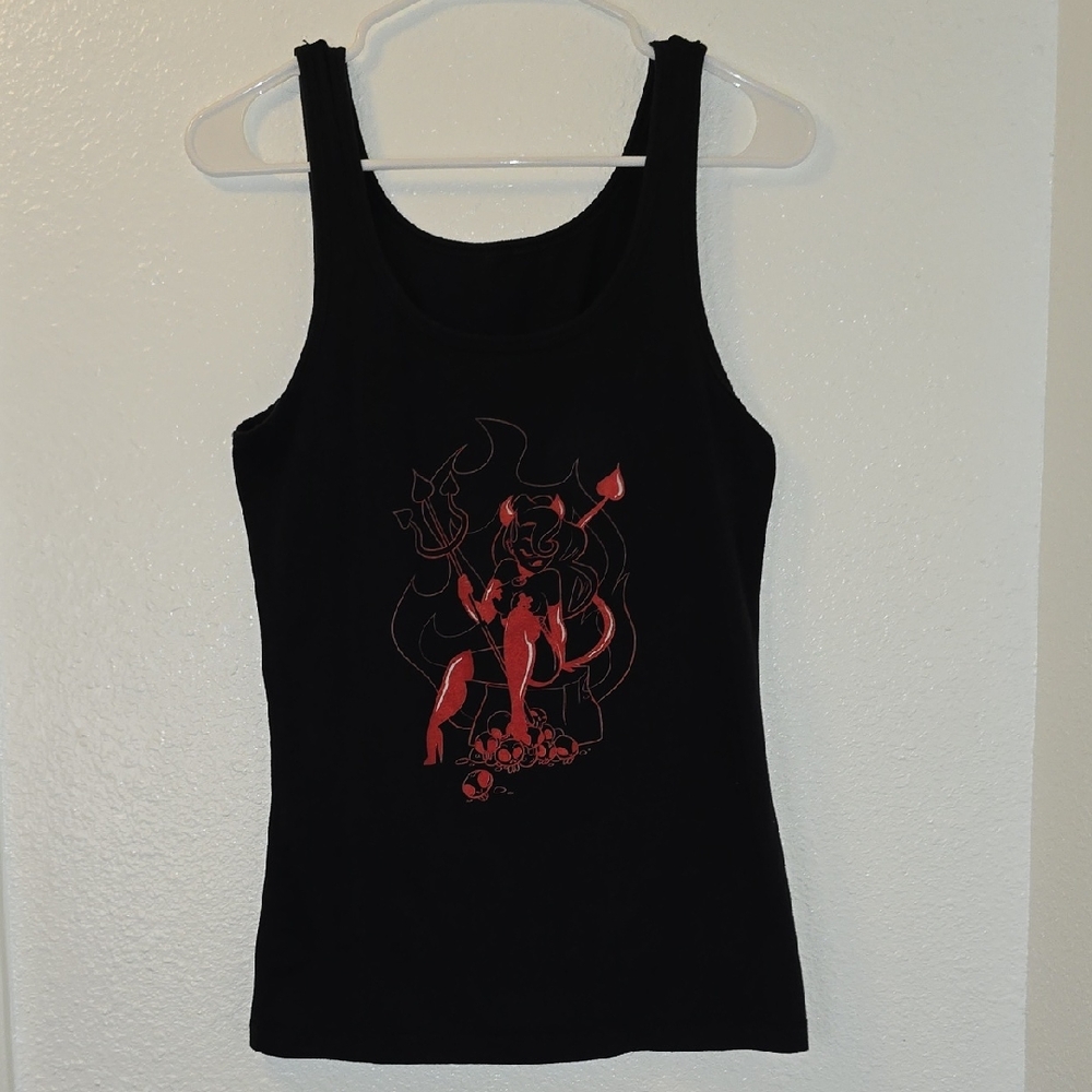 Black Tank Top with Red Devil Graphic - Women Tops